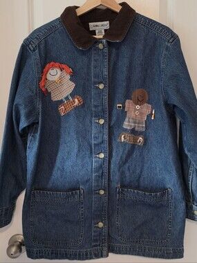 Cabin Creek Denim Jacket Medium Teacher School Applique Scarecrow Fall Patchwork